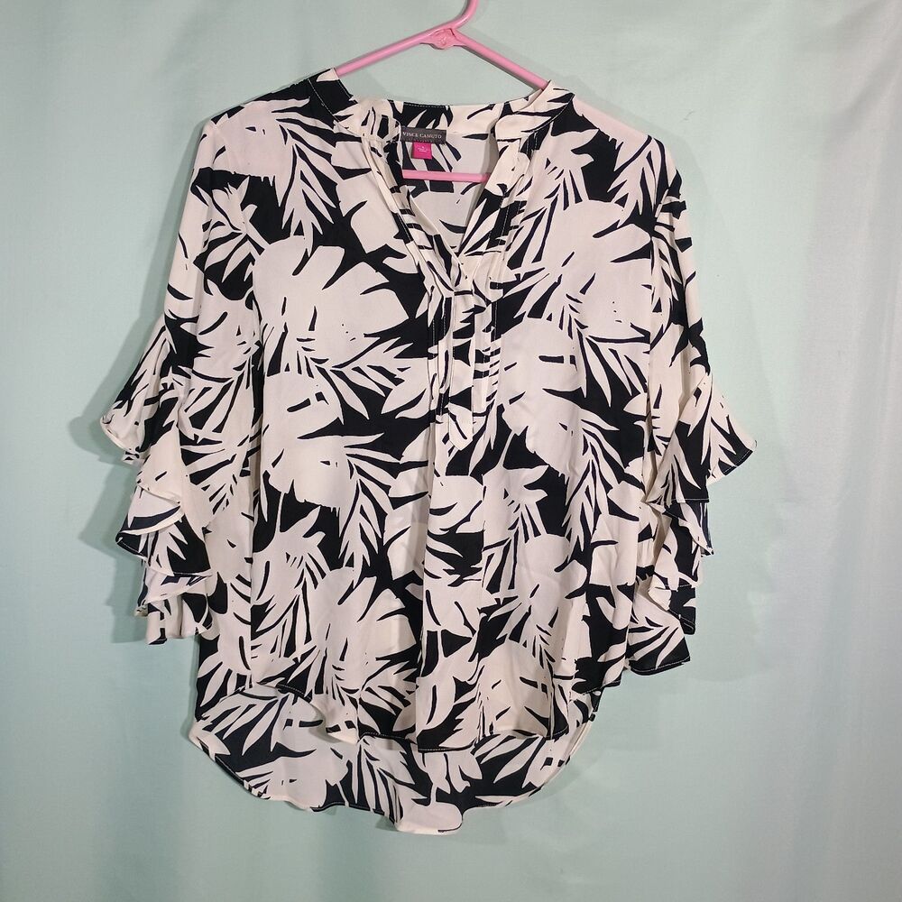 Women’s Black & Ivory Tropical Print Tunic Top – Ruffle Sleeve High Low Blouse